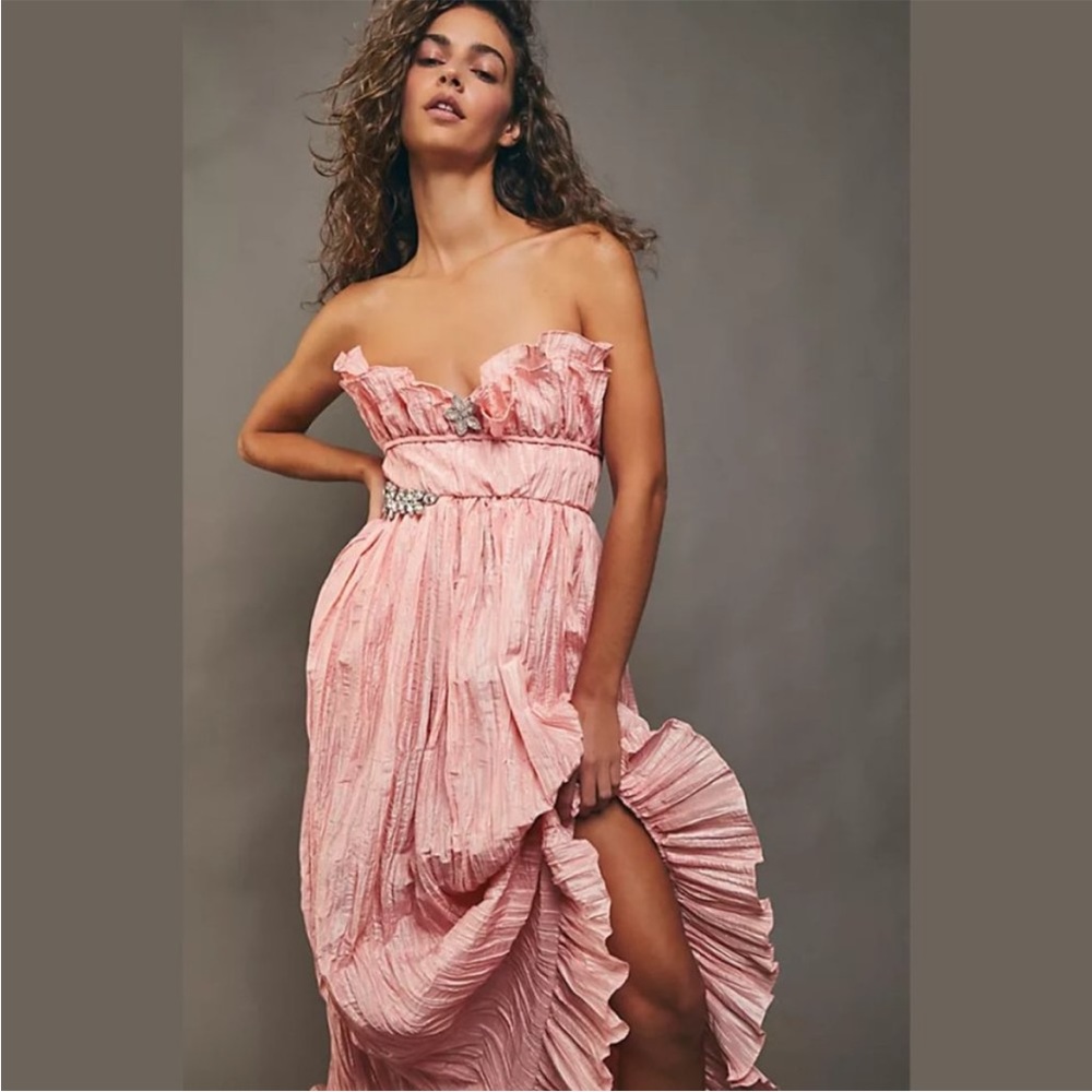 LoveShackFancy Katrina Strapless Plisse Dress in Sunrise Sorbet Jewel Detail